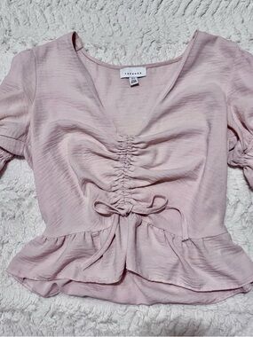 Topshop Margot Pink Ruched Cropped Blouse Size 6 Blush Ruffle Sleeve Coquette